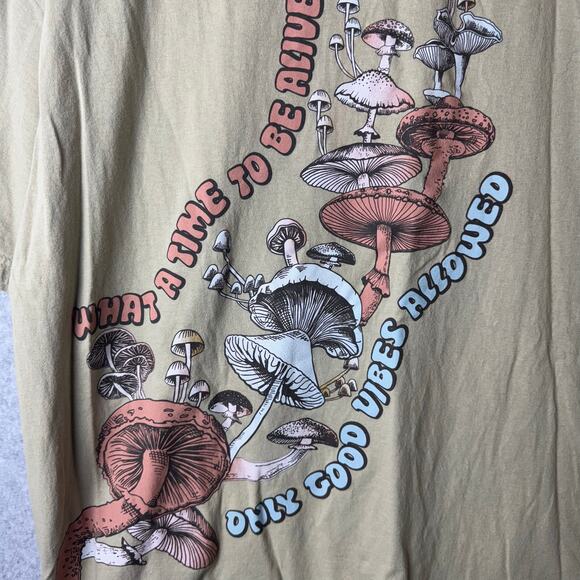 Tree Hugger Cotton T-Shirt Womens Mushrooms Graphic Boho Hippie Good Vibes Tan - Picture 3 of 7